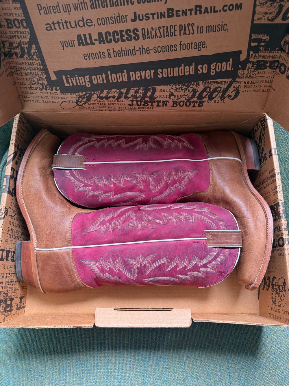 Justin Boots Brown Leather Foot with hot Pink Embroidered Shaft Cowboy Boots 11